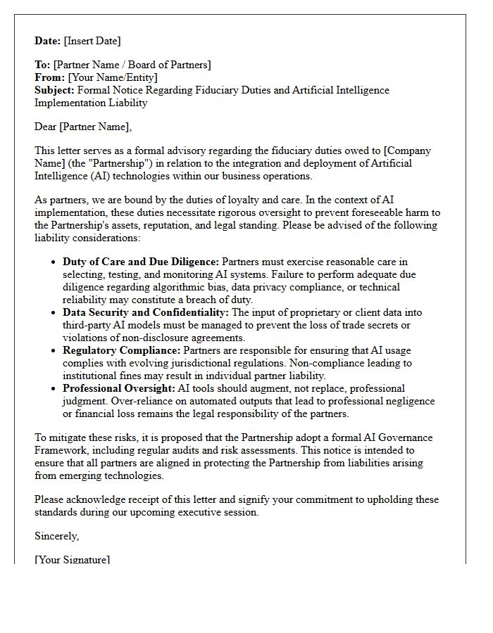 Partner Fiduciary Duty and Artificial Intelligence Implementation Liability Letter
