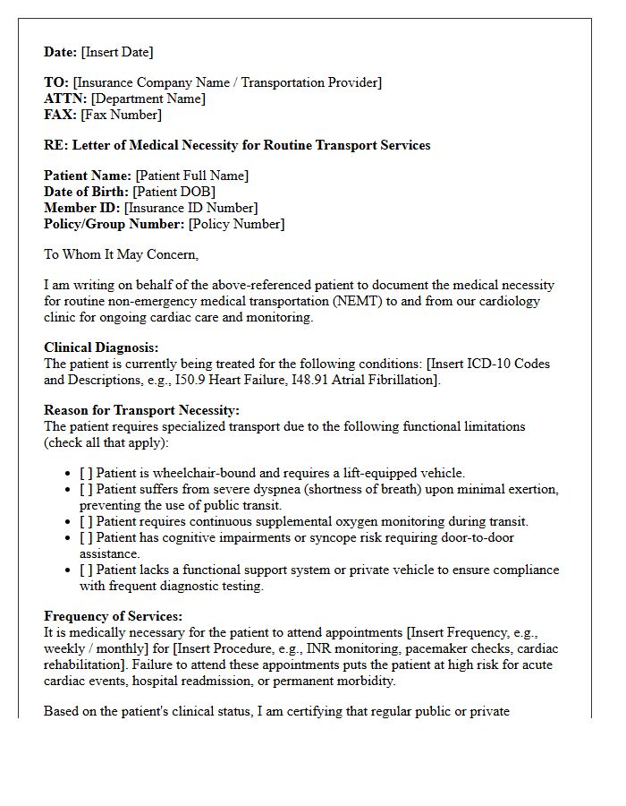 Cardiology Clinic Letter of Medical Necessity for Routine Transport Services