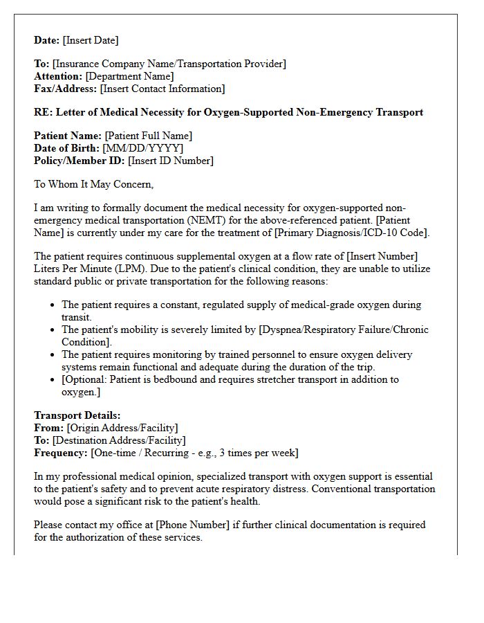 Letter of Medical Necessity for Oxygen-Supported Non-Emergency Transport