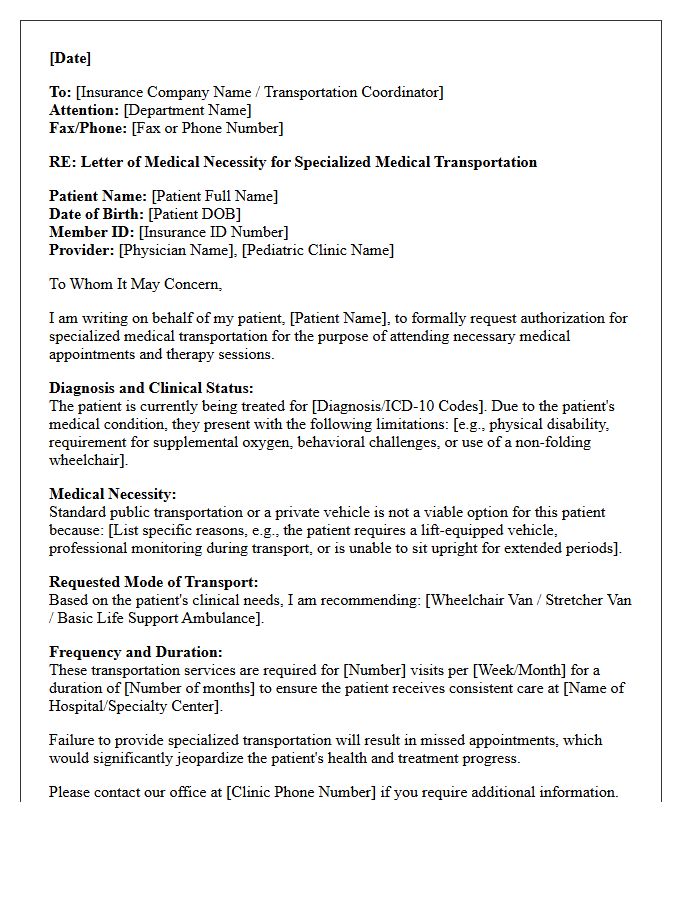 Pediatric Clinic Letter of Medical Necessity for Specialized Medical Transportation