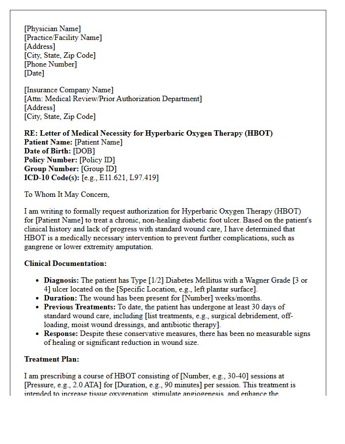 Letter of Medical Necessity for Hyperbaric Oxygen Therapy in Diabetic Foot Ulcer Treatment
