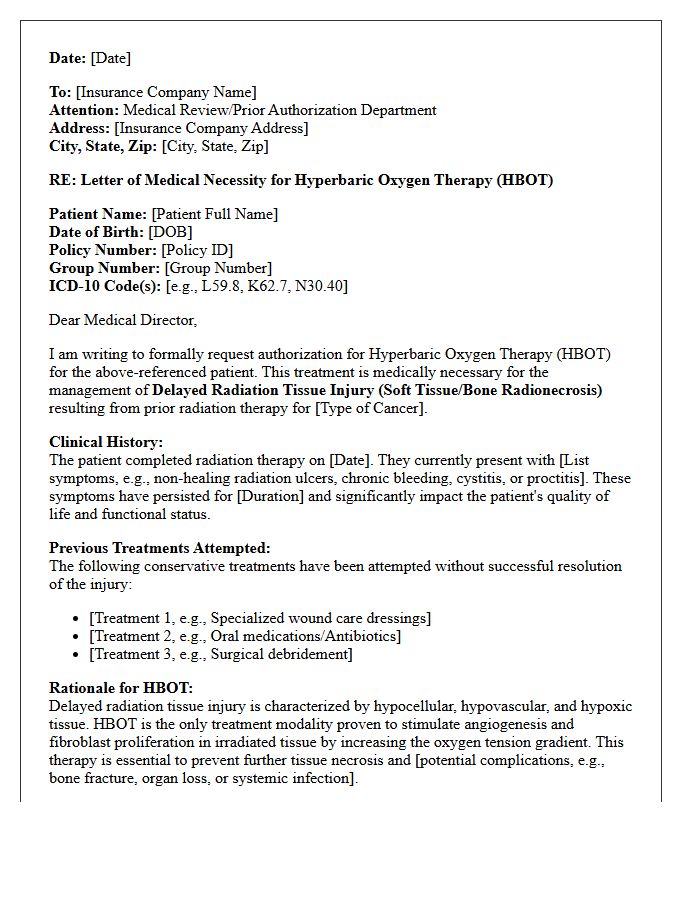 Letter of Medical Necessity for Hyperbaric Oxygen Therapy in Delayed Radiation Tissue Injury