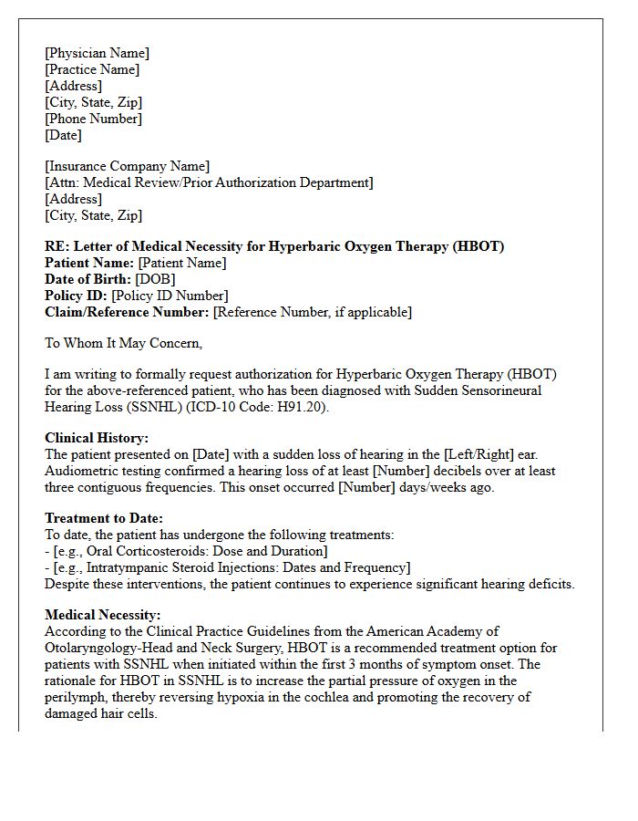 Letter of Medical Necessity for Hyperbaric Oxygen Therapy in Sudden Sensorineural Hearing Loss
