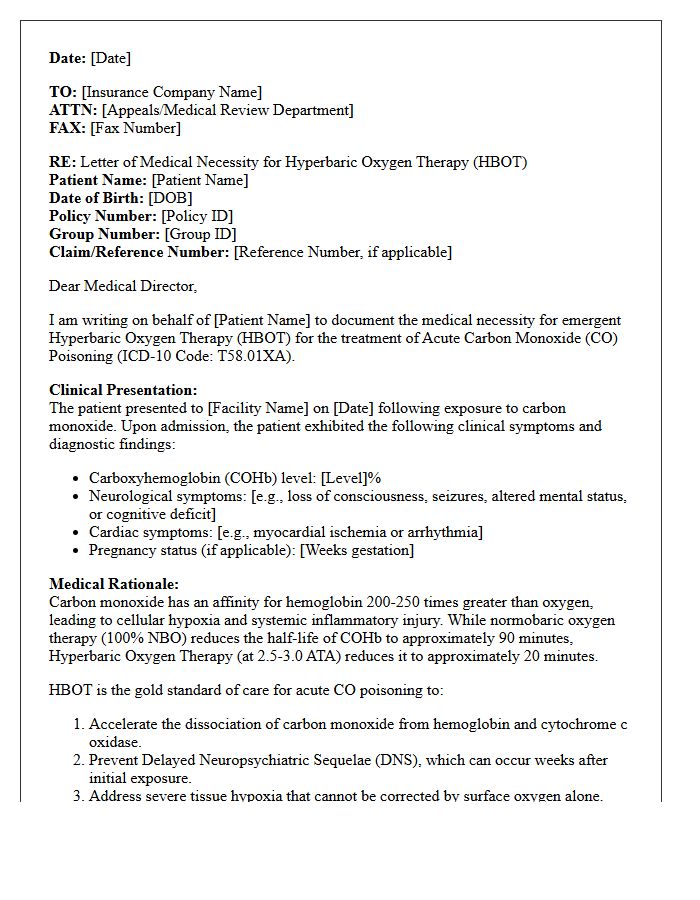 Letter of Medical Necessity for Hyperbaric Oxygen Therapy in Acute Carbon Monoxide Poisoning