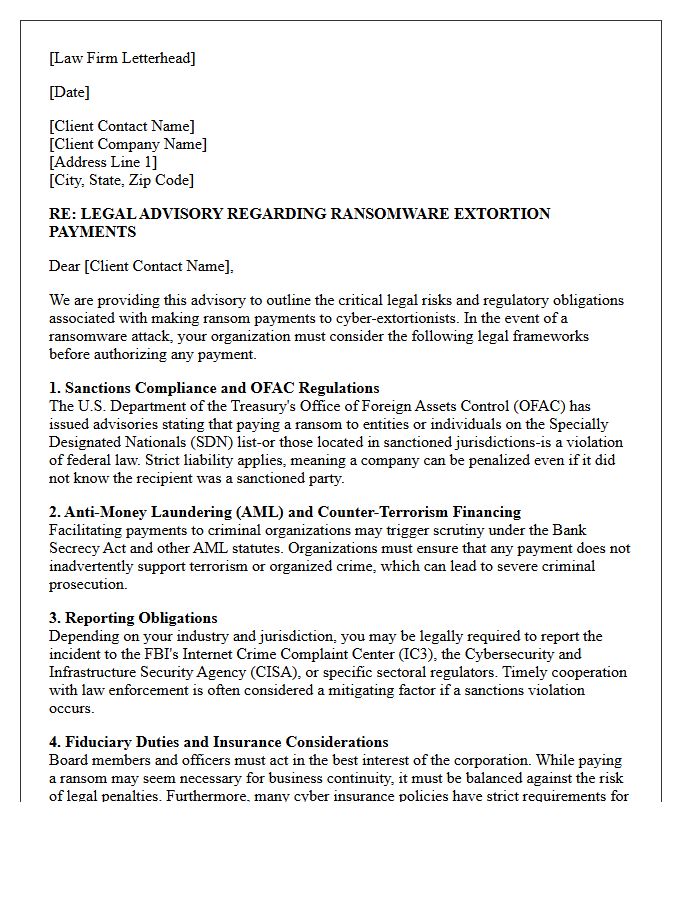 Client Advisory Letter on Ransomware Payment Legal Risks