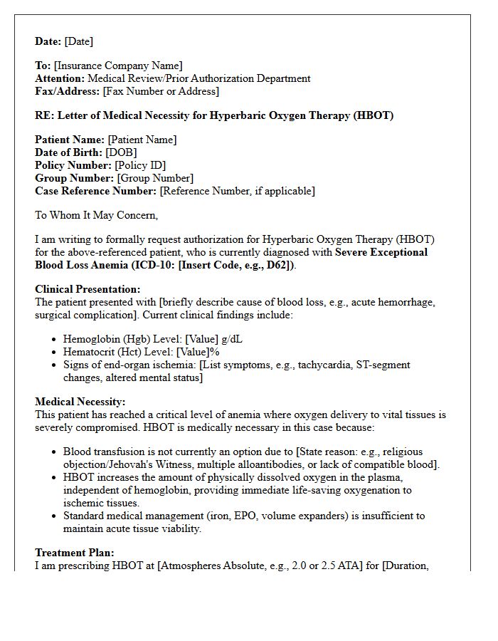 Letter of Medical Necessity for Hyperbaric Oxygen Therapy in Severe Exceptional Blood Loss Anemia