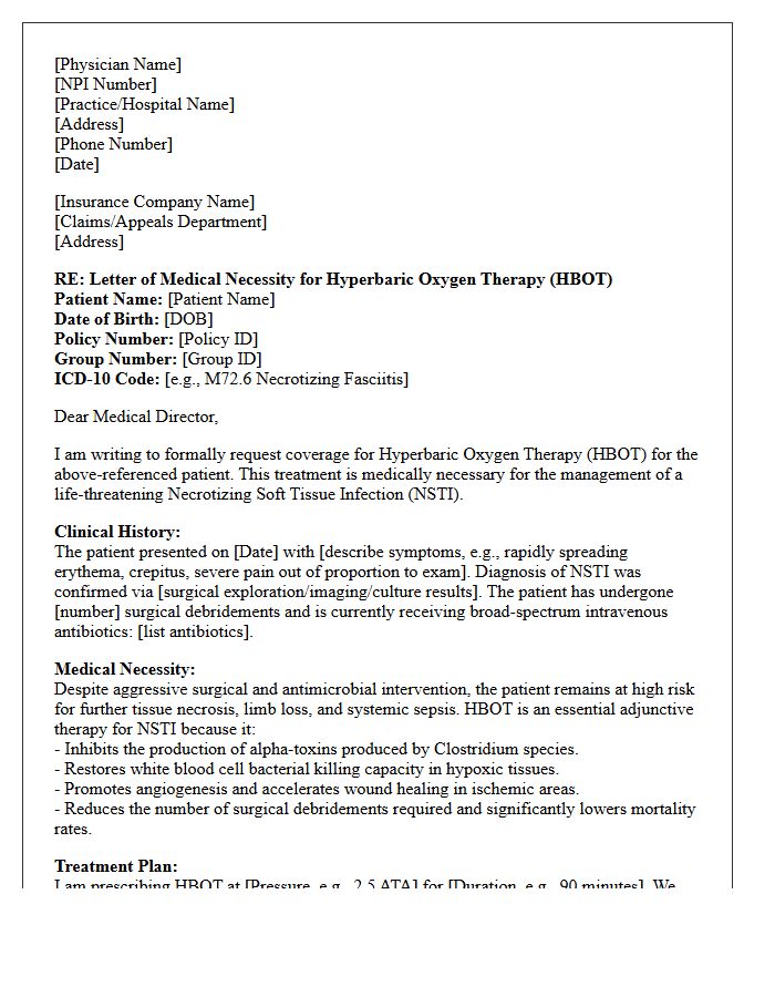 Letter of Medical Necessity for Hyperbaric Oxygen Therapy in Necrotizing Soft Tissue Infections