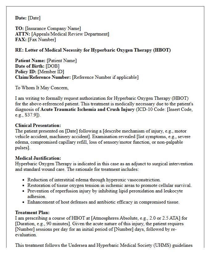 Letter of Medical Necessity for Hyperbaric Oxygen Therapy in Acute Traumatic Ischemia and Crush Injury