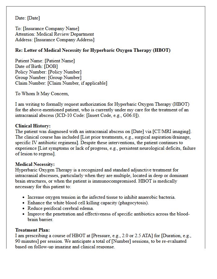 Letter of Medical Necessity for Hyperbaric Oxygen Therapy in Intracranial Abscess Treatment