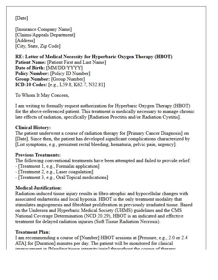 Letter of Medical Necessity for Hyperbaric Oxygen Therapy in Radiation Proctitis and Cystitis