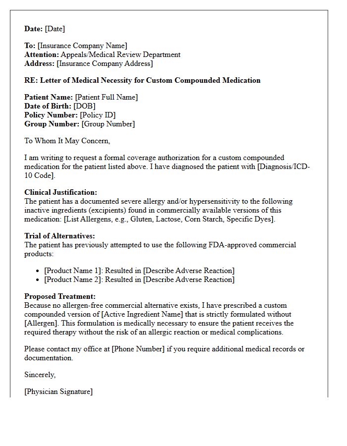 Letter of Medical Necessity for Allergen-Free Custom Compounded Medication