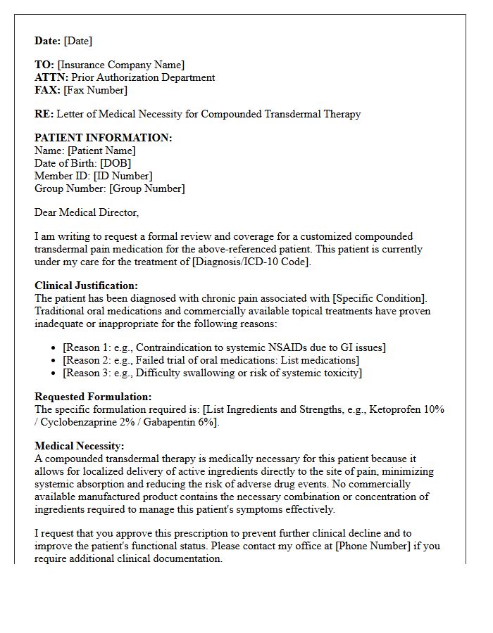 Letter of Medical Necessity for Transdermal Compounded Pain Therapy