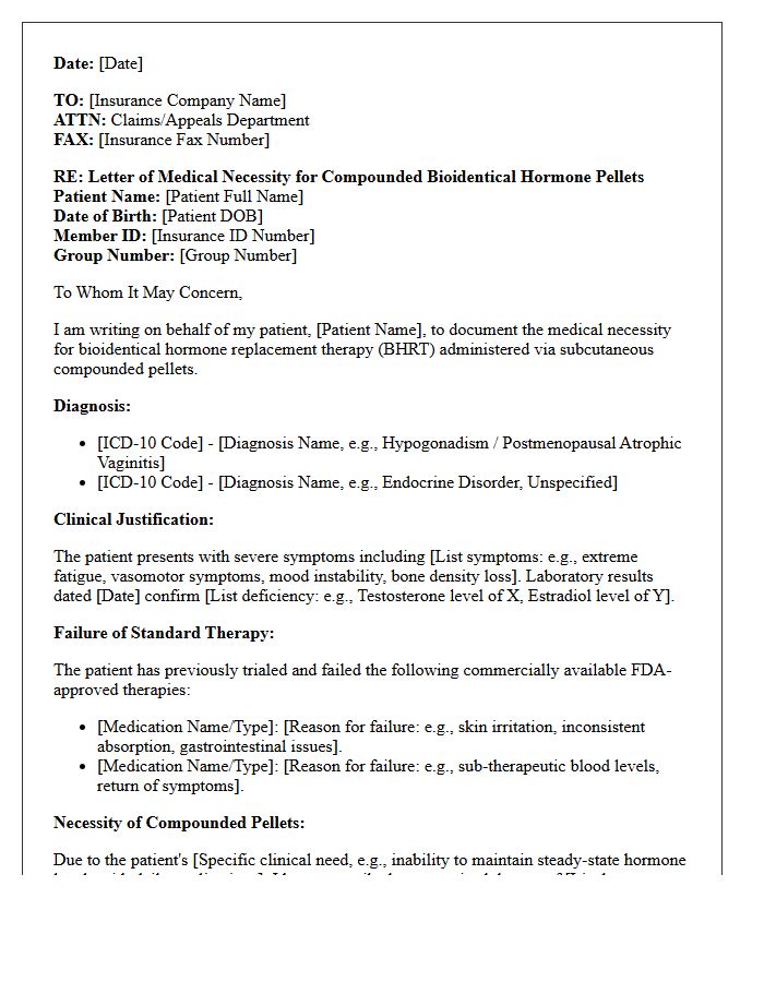 Letter of Medical Necessity for Bioidentical Hormone Compounded Pellets
