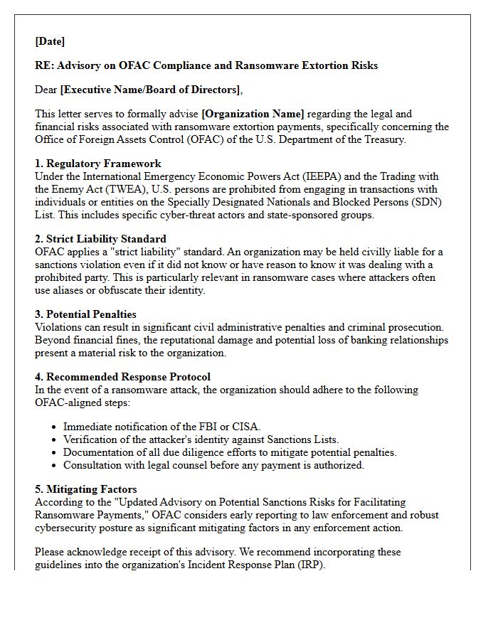 OFAC Compliance and Ransomware Extortion Advisory Letter