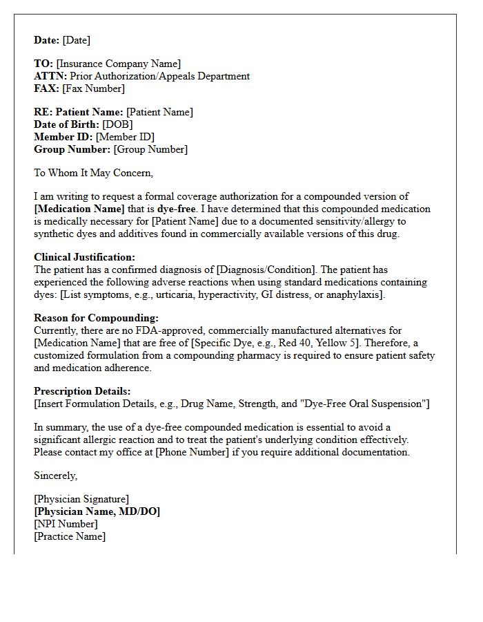 Letter of Medical Necessity for Dye-Free Compounded Oral Medication