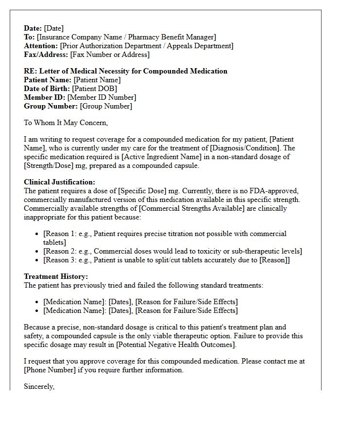 Letter of Medical Necessity for Non-Standard Dosage Compounded Capsules