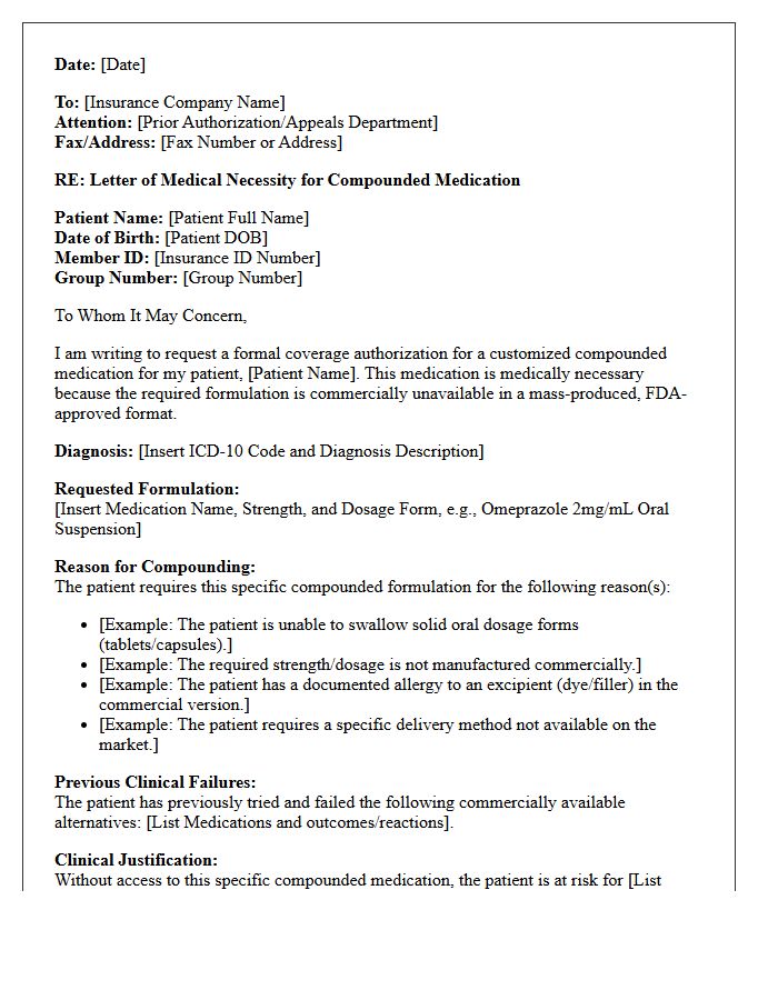 Letter of Medical Necessity for Commercially Unavailable Compounded Formulations