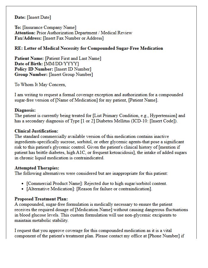 Letter of Medical Necessity for Sugar-Free Compounded Diabetic Medication