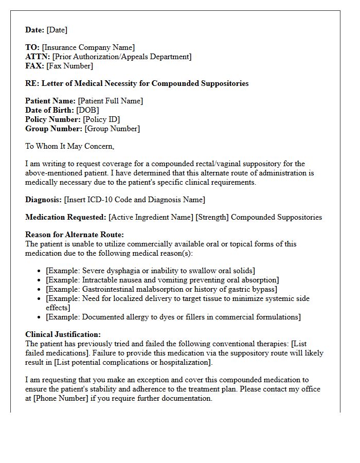 Letter of Medical Necessity for Alternate Route Compounded Suppositories