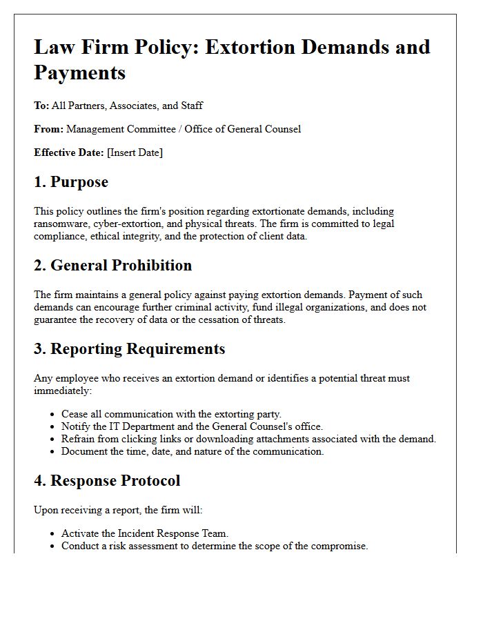 Law Firm Policy Letter on Extortion Demands and Payments