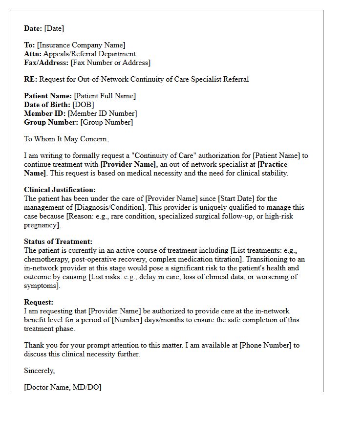 Letter of Medical Necessity for Out-of-Network Continuity of Care Specialist Referral