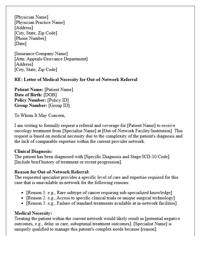Letter of Medical Necessity for Out-of-Network Oncology Specialist Referral