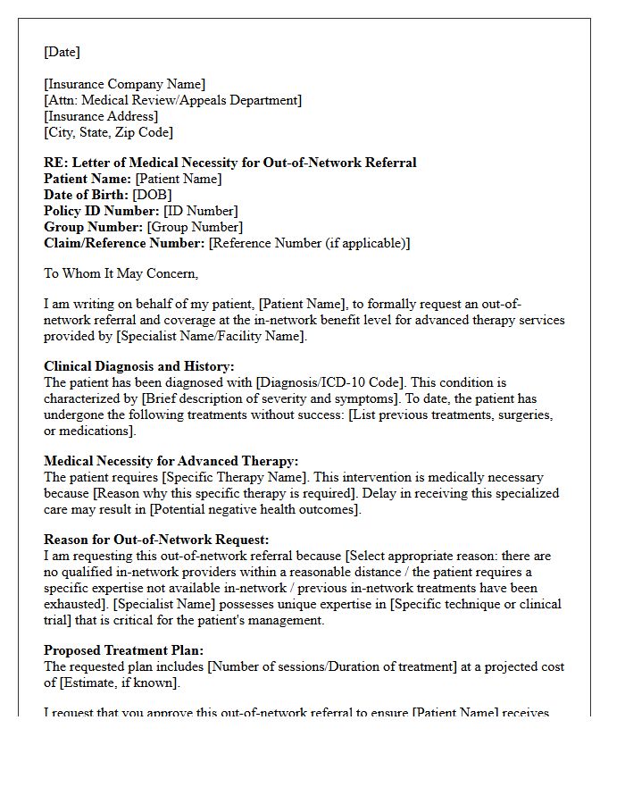 Letter of Medical Necessity for Out-of-Network Advanced Therapy Specialist Referral