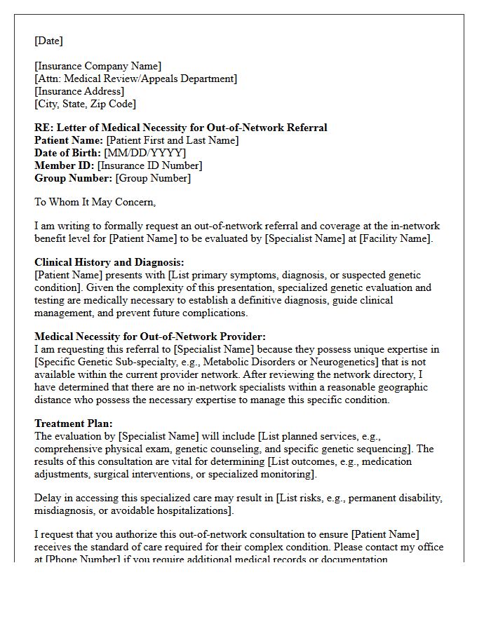 Letter of Medical Necessity for Out-of-Network Genetic Specialist Referral