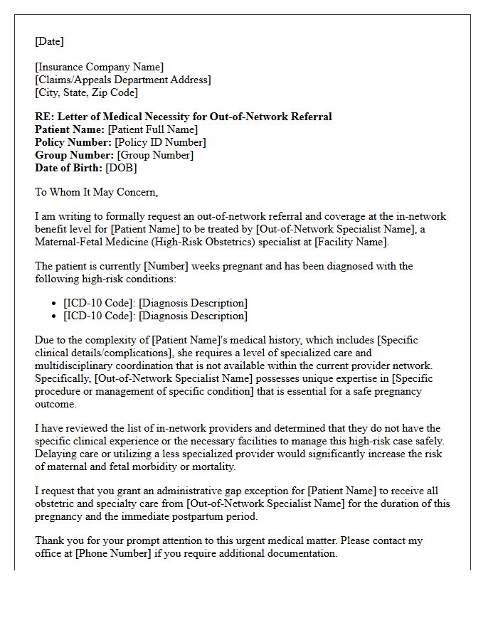 Letter of Medical Necessity for Out-of-Network High-Risk Obstetrics Specialist Referral