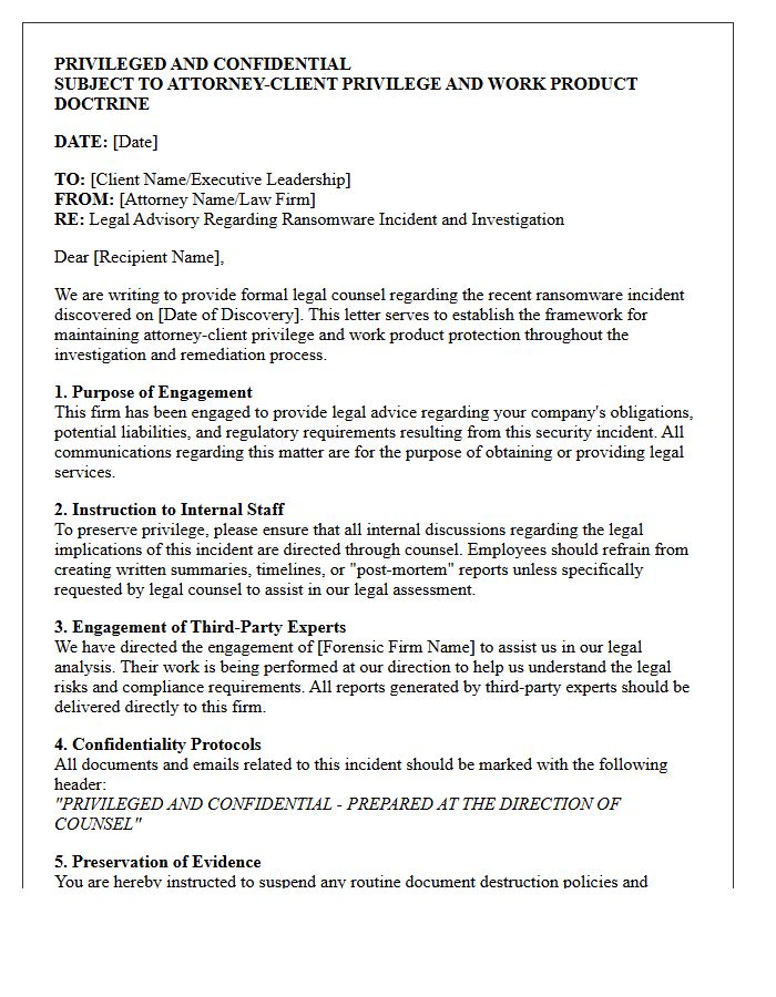 Attorney-Client Privilege and Ransomware Incident Advisory Letter
