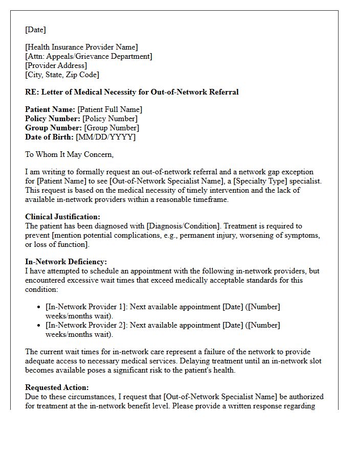 Letter of Medical Necessity for Out-of-Network Specialist Referral Due to In-Network Wait Times