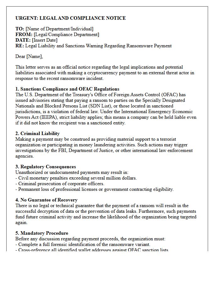 Ransomware Payment Liability and Sanctions Warning Letter