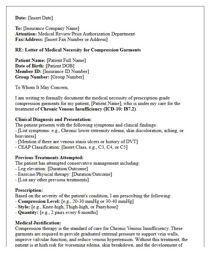 Letter of Medical Necessity for Chronic Venous Insufficiency Compression Garments