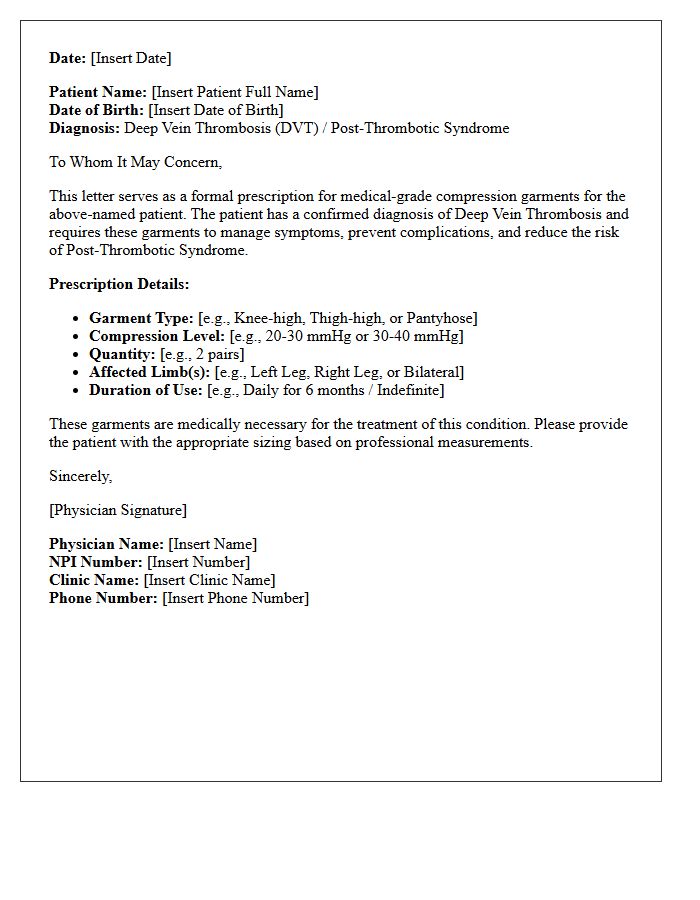 Deep Vein Thrombosis Compression Garment Prescription Letter