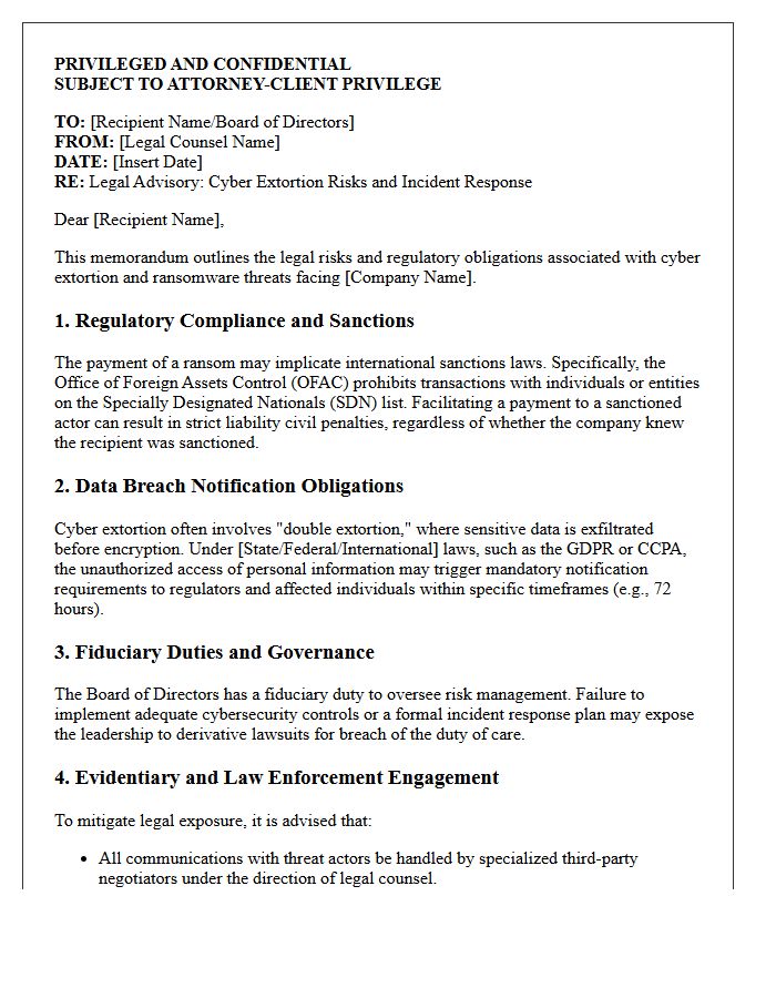 Legal Counsel Advisory Letter on Cyber Extortion Risks