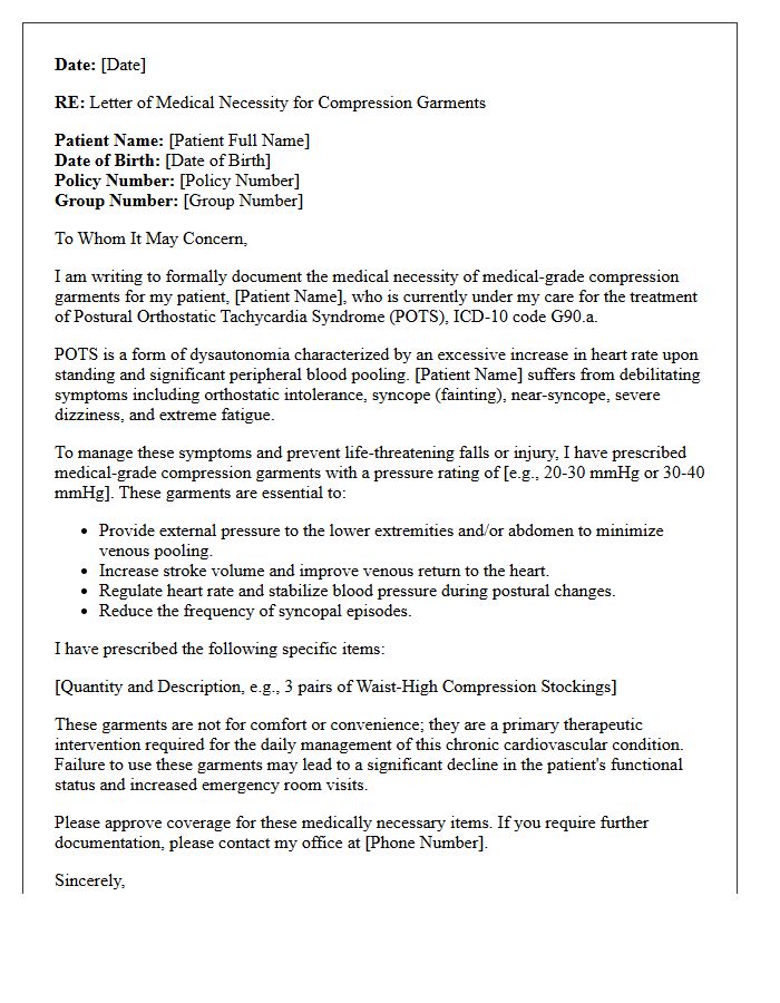 Letter of Medical Necessity for Postural Orthostatic Tachycardia Syndrome Compression Garments