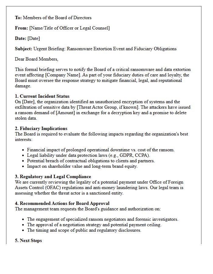 Board of Directors Ransomware Extortion Fiduciary Duty Letter