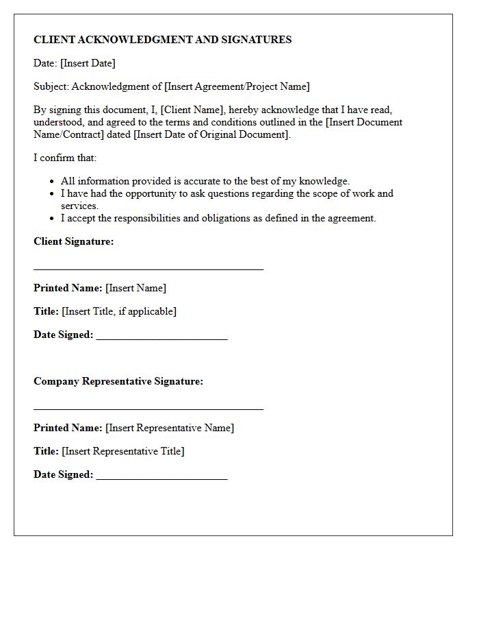 Client Acknowledgment And Signatures On The Letter