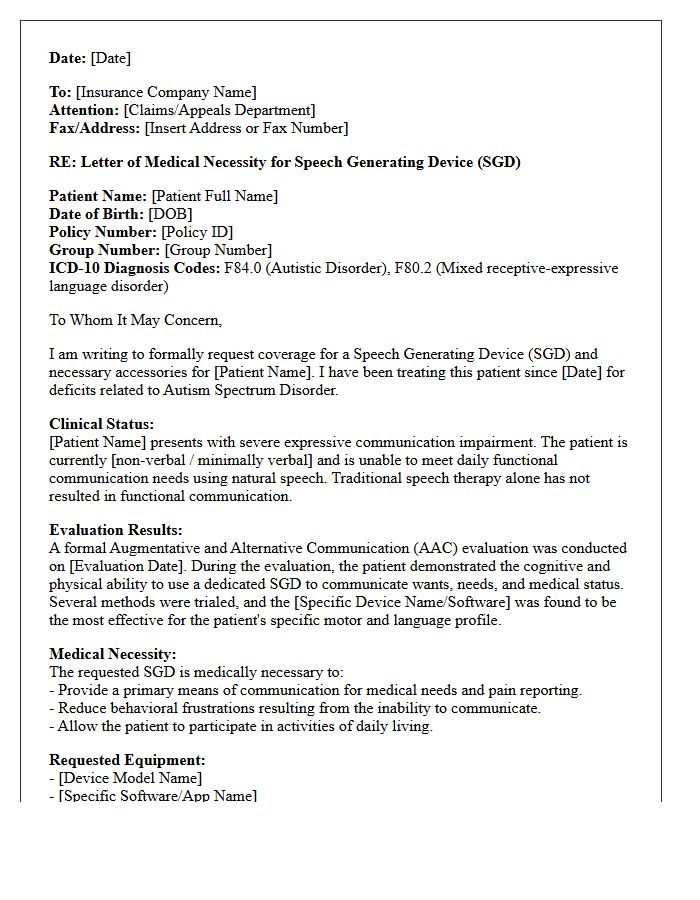 Letter of Medical Necessity for Pediatric Autism Speech Generation Devices