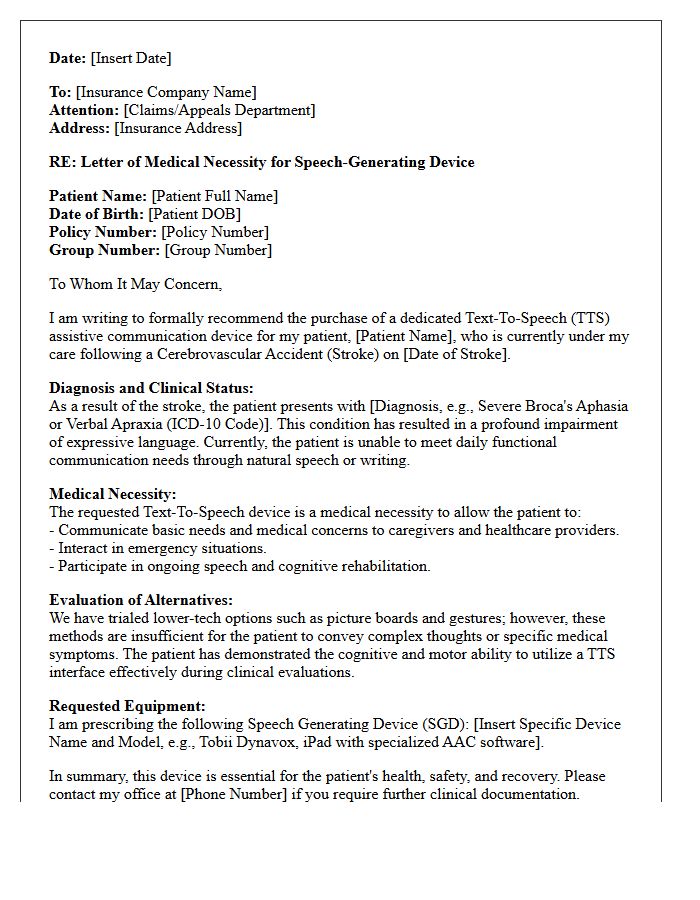 Letter of Medical Necessity for Text-To-Speech Assistive Communication Devices Post-Stroke