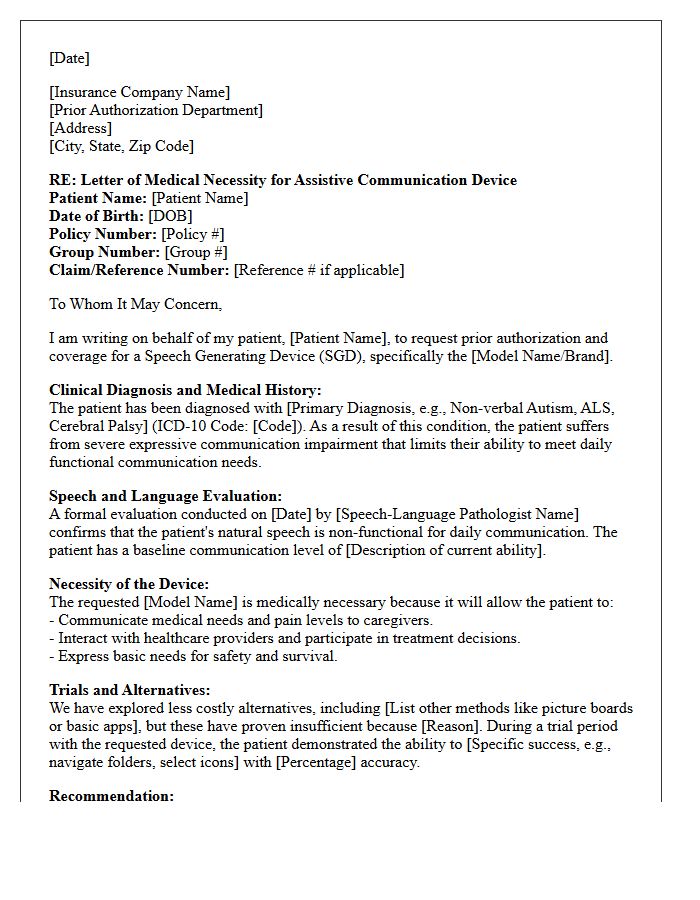Insurance Prior Authorization Letter of Medical Necessity for Assistive Communication Devices