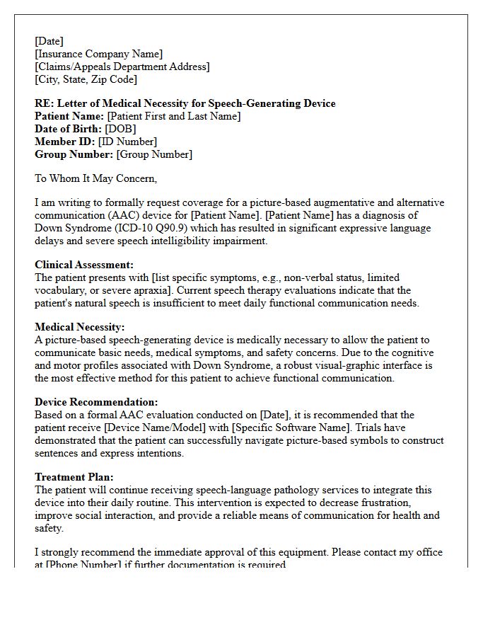 Letter of Medical Necessity for Picture-Based Assistive Communication Devices in Down Syndrome Patients
