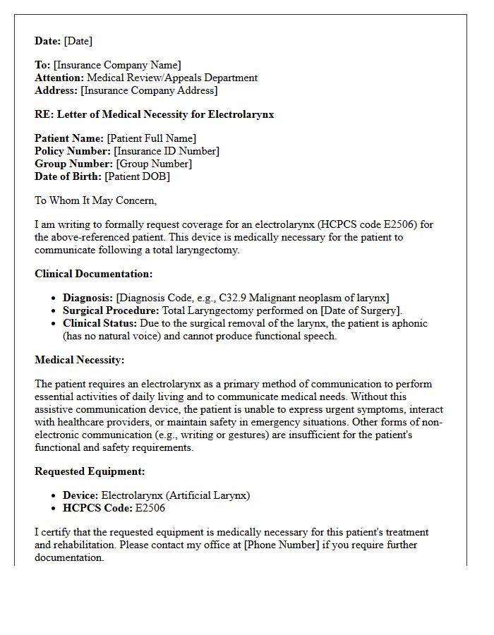 Letter of Medical Necessity for Electrolarynx Assistive Communication Devices Post-Laryngectomy