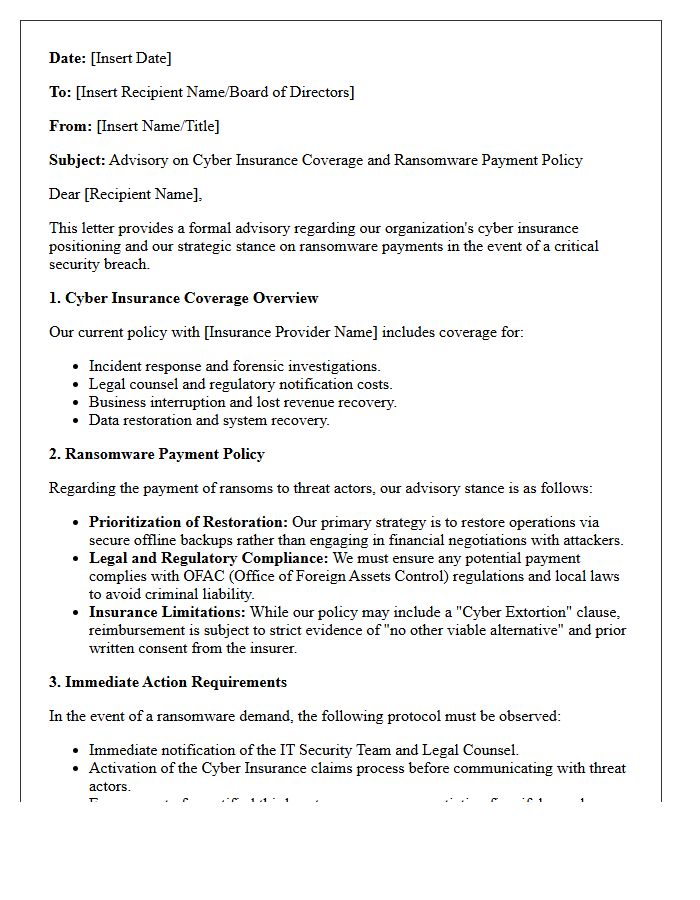 Cyber Insurance Coverage and Ransom Payment Advisory Letter