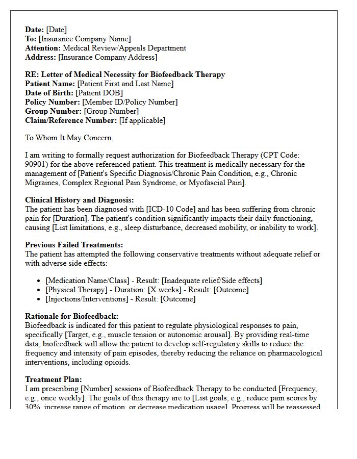 Letter of Medical Necessity for Biofeedback Therapy Services in Chronic Pain Management