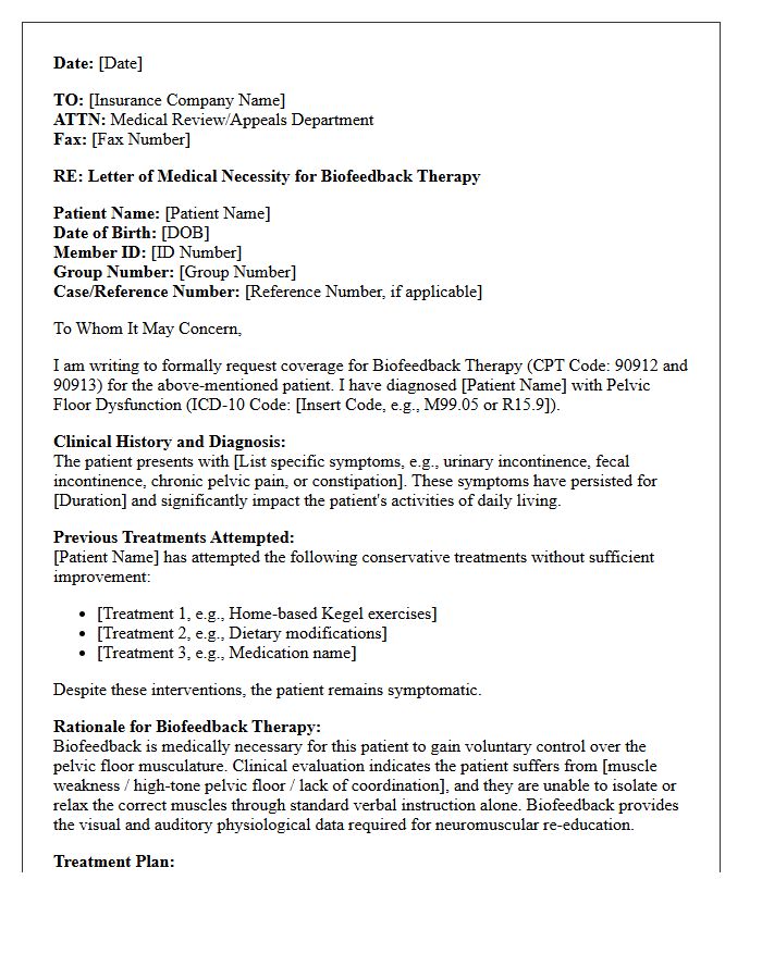 Letter of Medical Necessity for Biofeedback Therapy Services in Pelvic Floor Dysfunction