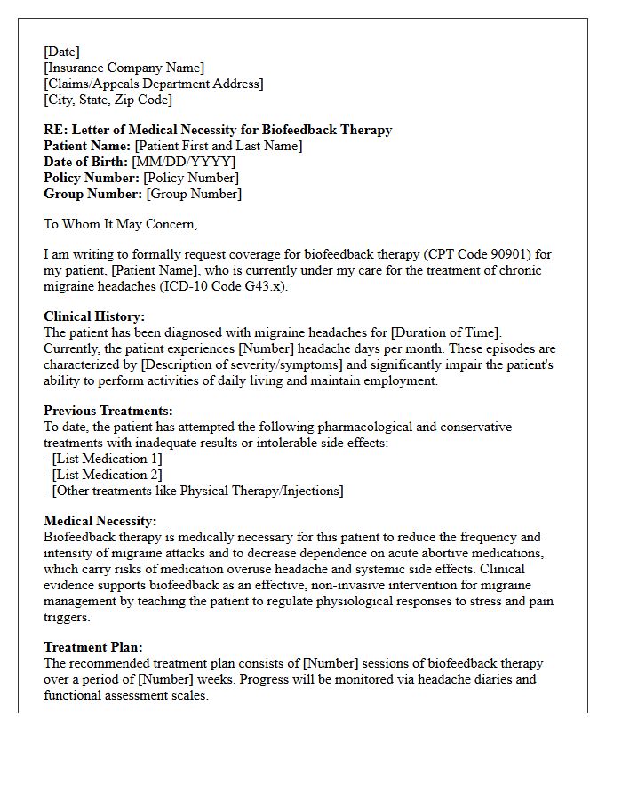 Letter of Medical Necessity for Biofeedback Therapy Services Treating Migraine Headaches