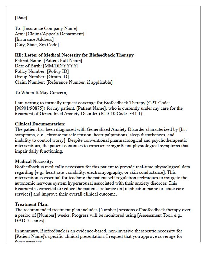 Letter of Medical Necessity for Biofeedback Therapy Services Addressing Generalized Anxiety Disorder