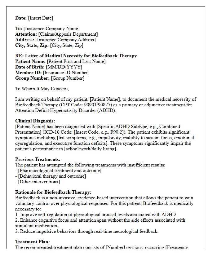 Letter of Medical Necessity for Biofeedback Therapy Services Assisting Attention Deficit Hyperactivity Disorder Treatment