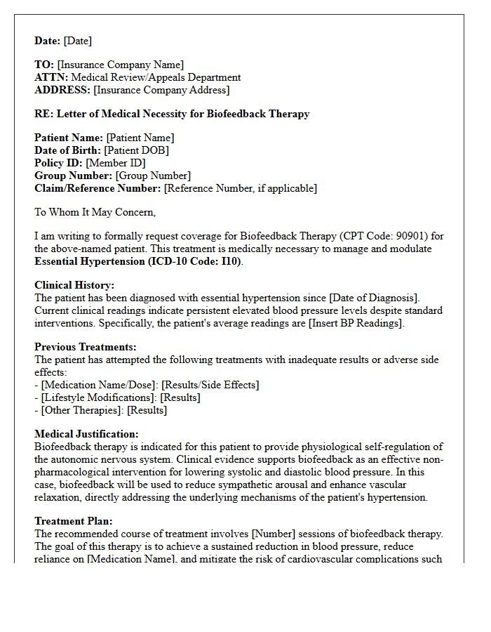 Letter of Medical Necessity for Biofeedback Therapy Services Modulating Essential Hypertension